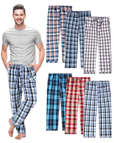 6 Pack Men's Pajama Pants Ultra Lightweight Plaid Bottoms Sleep Pant Cotton Sleepwear with Pocket Drawstring