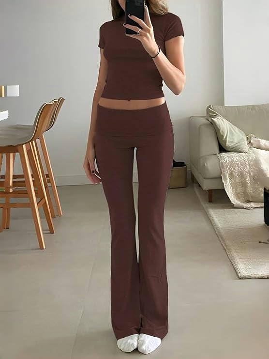 Image of AYWA Women's 2 Piece Lounge Sets Short Sleeve Crop Top Foldover Flare Pants Casual Pajama Outfits
