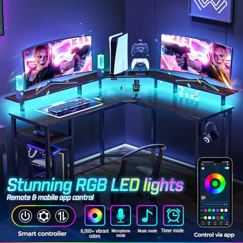Rolanstar L-Shaped Gaming Desk with LED Lights, Power Outlets, Corner Computer Desk with Storage Shelves - PC Writing Table for Home Office, Black (135x135x86cm) - Image 4