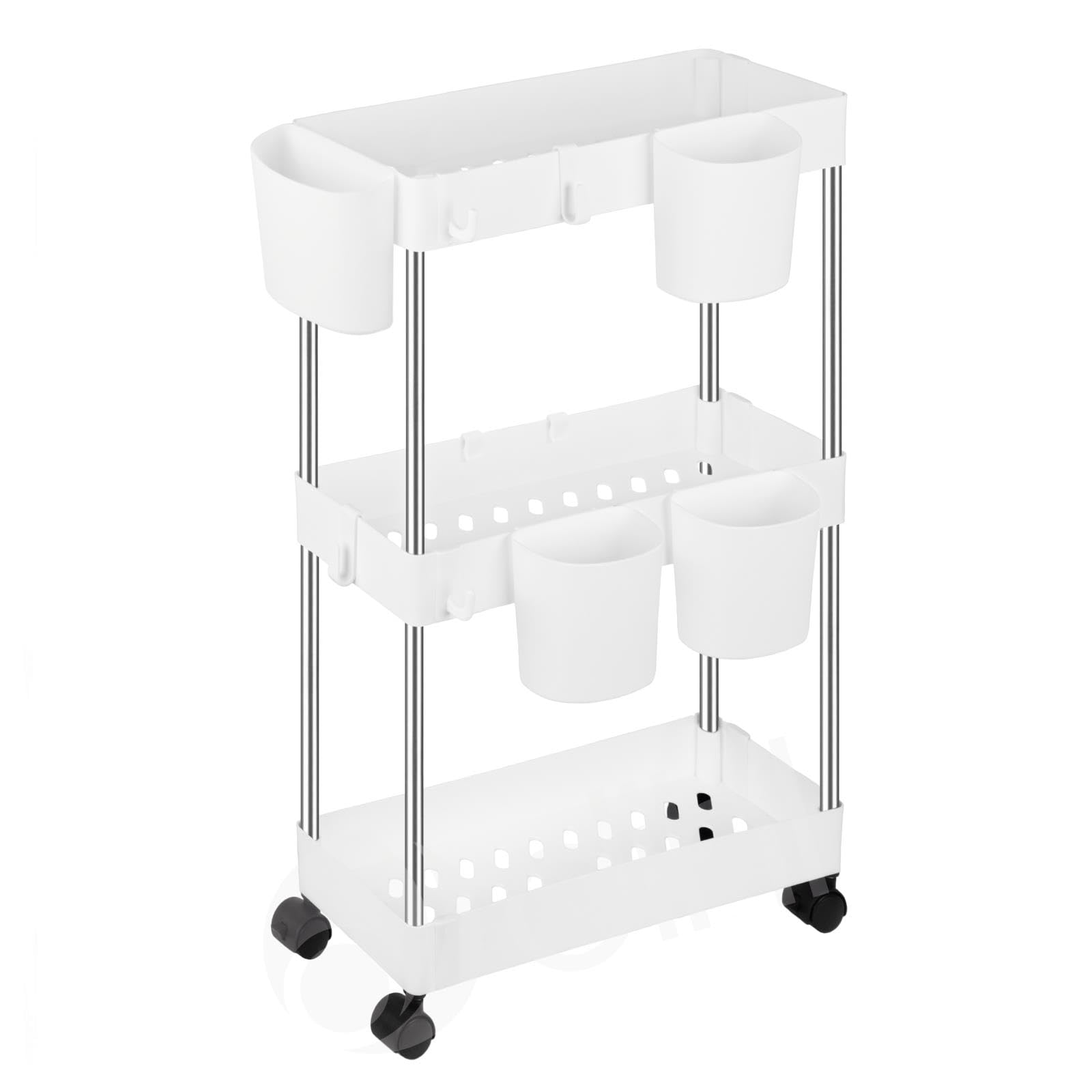 Dihl 3-Tier Storage Trolley System, Slim Unit for Space Saving Organisation, Rolling Wheels for Kitchens and Bathrooms, White, 13 x 38 x 67 cm
