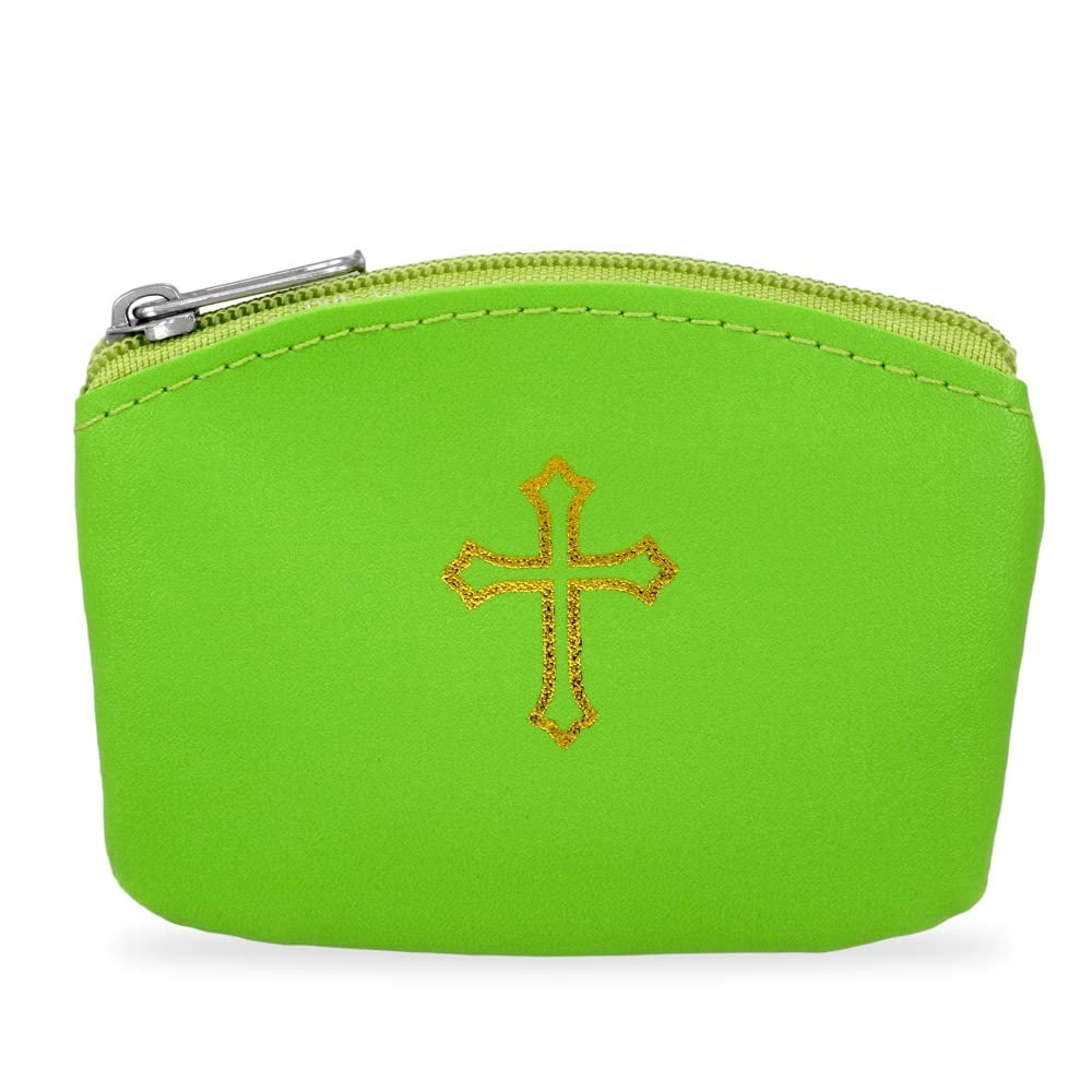 Green Rosary Pouch with Zipper &amp; Gold St. Thomas Cross Imprint | Compact Leatherette Rosary Case for Small to Medium Rosaries | Protective Travel Rosary Holder for Men &amp; Women