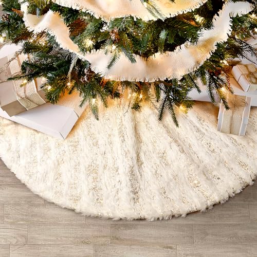 GMOEGEFT 48 Inches Faux Fur Christmas Tree Skirt with Sparkly Golden line, Xmas Tree Holiday Decorations