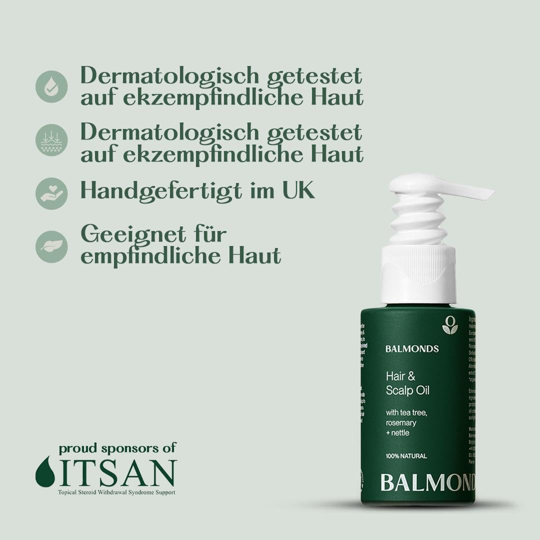 Balmonds Haar & Kopfhaut Haaröl 50 ml | Mit Rosmarinöl, Teebaumöl & Ätherischen Ölen | 100% Natürlich & Vegan | Pflegendes Haaröl für Trockene, Schuppige Kopfhaut | Auch bei Psoriasis & Ekzem