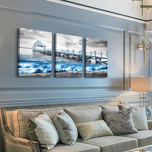 DZRWUBHS Canvas Wall Art - Modern Decor for Bedroom, Living Room, & Office - Black and White Beach Scene - 3 Framed Posters, Large Size