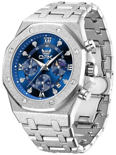 Image of OPK Men Analog Automatic Watches Waterproof Multifunction Chronograph Diamond Moon Phase Luminous Stainless Steel Band Wrist Watches