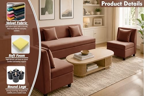 Image of 3+1+1 Modern Velvet Fabric Sofa Set for Living Room | Three Seater Sofa with 2 Single Seater Chairs | for Home, Office| Brown