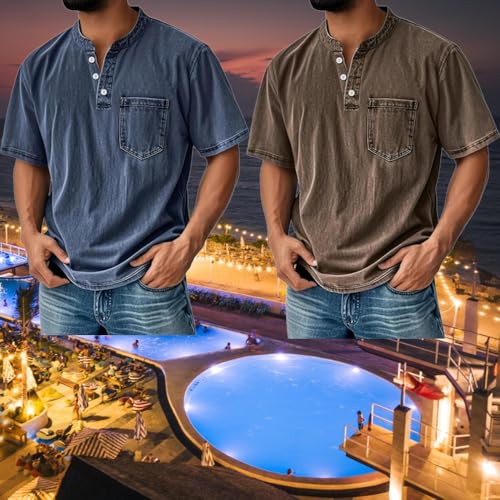 Mokaloha Men's Retro Stand Collar Casual Pocket Solid Color Short Sleeve Henley Shirt Comfortable Versatile Fashion4