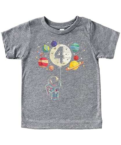 Olive Loves Apple 4th Birthday Rocket Astronaut Themed T-Shirts with Moon Balloon and Planets Granite Heather Shirt 4T