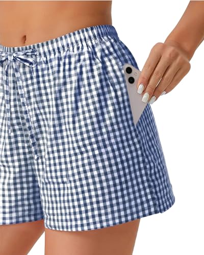 Image of Women Boxer Shorts Gingham Drawstring Pajama Bottom Plaid Pants with Pocket