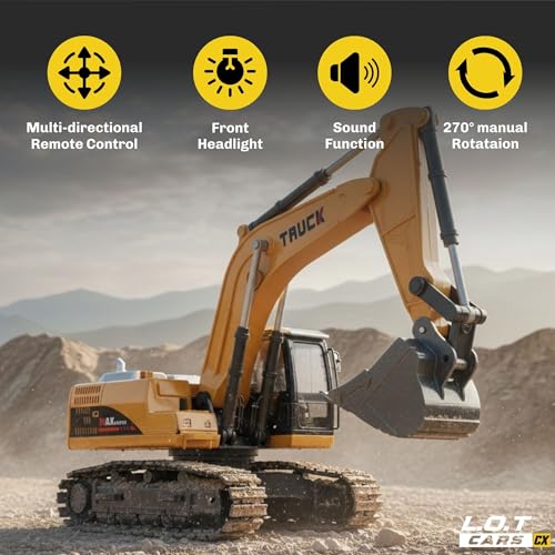 Image of Remote Control Construction Vehicle Fang 6-Channel RC Excavator Toy for Kids with Alloy Arm, Rechargeable Engineering Car, Heavy Duty Machine Construction Toy with Lights & Music (Yellow)