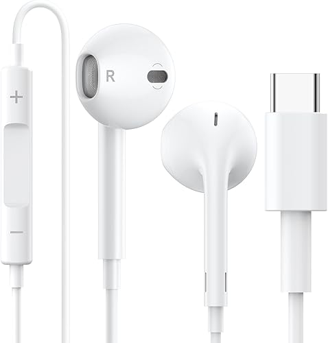 Auriculares USB C tipo C, auriculares con cable, micrófono integrado y control de volumen compatibles con iPhone 15 Pro Max Plus, iPad Pro, Android