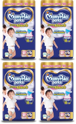 Image of MamyPoko Pants Extra Absorb Baby Diapers, Extra Extra Large (XXL Size) | 15-25 kg | 34 Count |Deep Sleep Diapers| Soft Gentle fit |Deep Absorbent Crisscross | Skin Friendly with Coconut Oil |