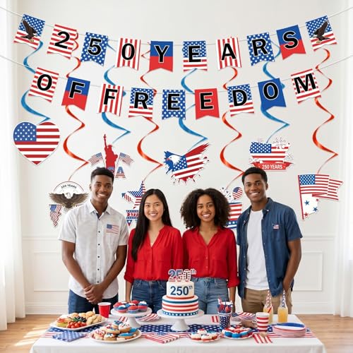 Image of Gameza 250 Anniversary party Decorations - 10 pcs 250 Years of Freedom Banner Hanging Swirls Decorations, Red White and Blue Fourth of July USA Party Decor Supplies