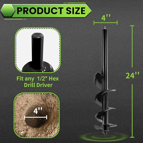Auger Drill Bit for Planting - 4"X24" Heavy-Duty Auger Post Hole Digger for Fence- 1/2" Hex Drive Drill Alternate view