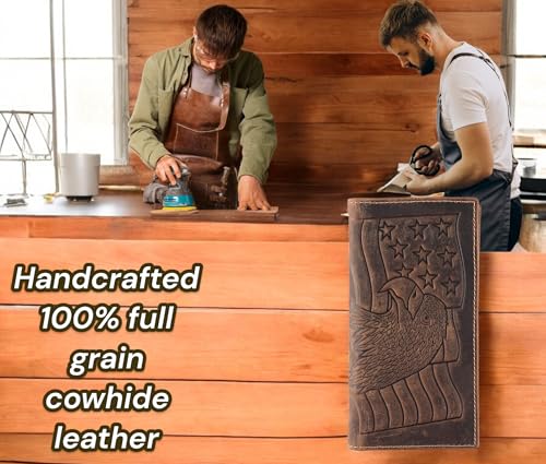 Image of F&L CLASSIC Men's RFID Vintage Look Genuine Leather Long Bifold Wallet Checkbook Wallets,brown eagle flag,240-101