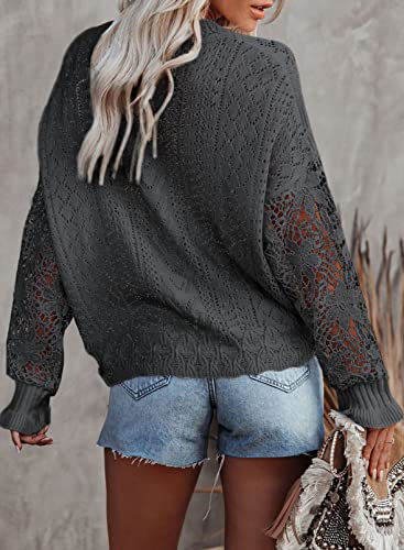 Image of Dokotoo Womens Crewneck Crochet Lace Long Sleeve Hollow Out Cable Knit Sweaters Pullover Tops