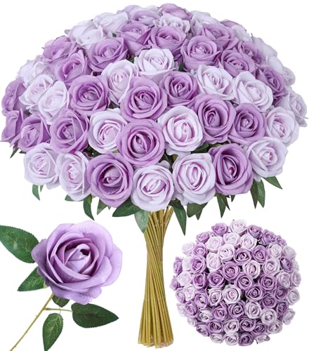 Image of INSPRING 50 PCS Purple Roses Artificial Flowers with Long Stems | Real Looking, Fake Roses, Silk Flowers, DIY Bouquet, Wedding Party Celebration Home Bridal Decoration Gift, for Her Wife