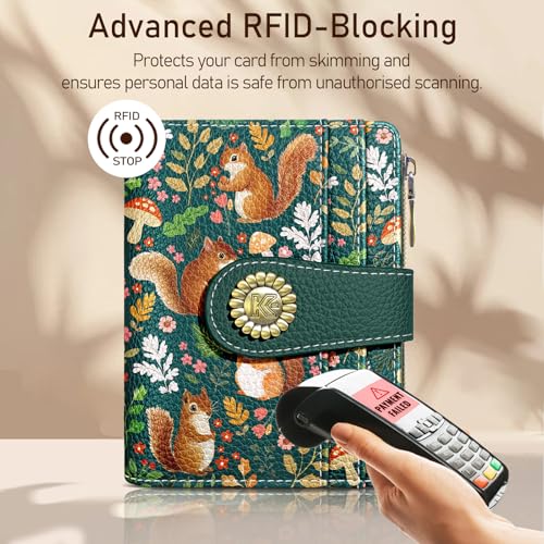 Image of Kelvoris Cute Squirrels Small Rfid Women Wallet Bifold Zipper Coin Pocket | PU Leather Compact Cash Credit Card Holder, Travel Purse for Female Ladies Teen Girls, 1 ID Window 10 Card Slots