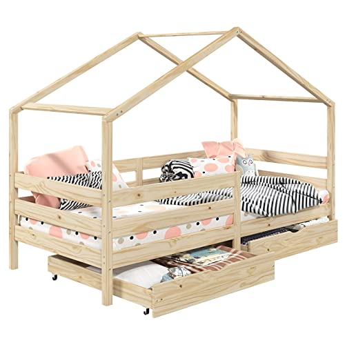 IDIMEX Hausbett ENA aus massiver Kiefer, schönes Montessoribett in 90 x 200 cm, Kinderbett mit Rausfallschutz, stabiles Spielbet mit Dach und 2 Schubladen in Natur IDIMEX Hausbett ENA aus massiver Kiefer, schönes Montessoribett in 90 x 200 cm, Kinderbett mit Rausfallschutz, stabiles Spielbet mit Dach und 2 Schubladen in Natur