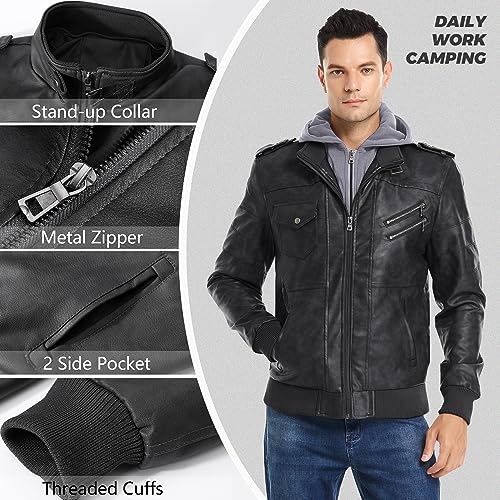 JYG Men's Faux Leather Jacket Stand Collar Motorcycle Bomber Jackets with Removable Hood3
