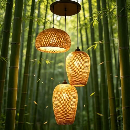 Lustre Suspension Bambou E27 - Luminaire Salon Vintage et Suspension Cuisine