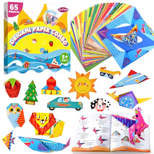 Funtopia 130 Blatt Origami Papier mit 65 Mustern und Anleitungsbuch, Basteln Fürmädchen Kreativ-Set, Spielzeug für Reisen, Schule, Urlaub, Aktivitäten, Basteln Origami Kinder ab 5 Jahre