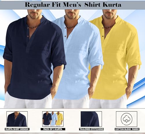 Image of Zombom Combo of Men's Solid Cotton Polyester Blend Full Sleeve Mandarin /Chinese Collor Straight Kurta Shirt (Pack of 3)