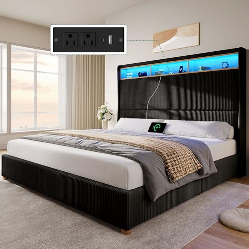 YITAHOME King Size Corduroy Upholstered Platform Bed Frame with Charging Station and RGB LED Lights, 53’’ Tall Storage Wingback Headboard, No Box