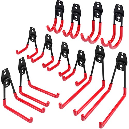 Garage Hooks Heavy Duty 12-Pack Utility Steel Garage Storage HooksWall Mount Garage Hanger Organizer for Organizing Power Tools Ladders Bulk Items Bikes Ropes etc Red