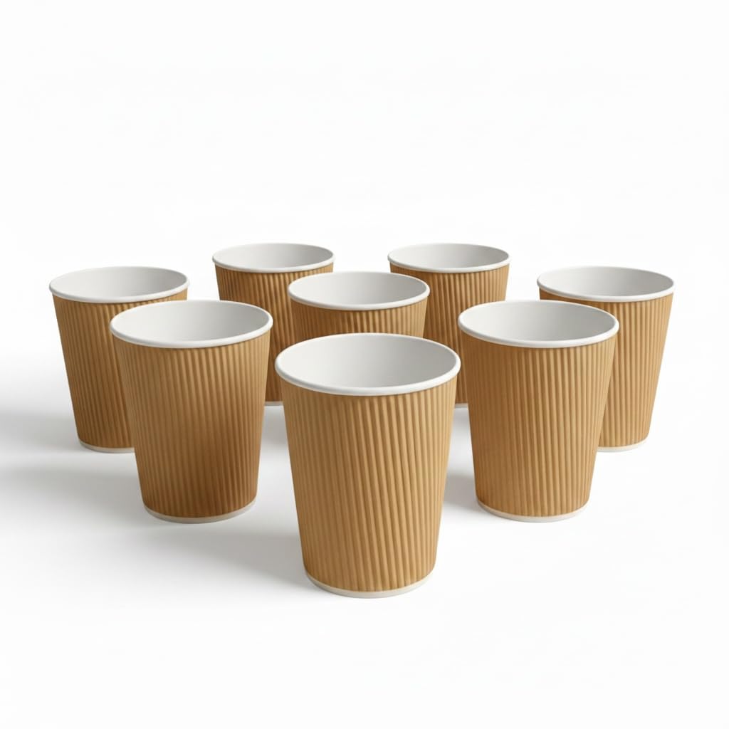 NATION PACK - 50 x 12oz Brown Ripple Wall Paper Coffee Cups & 50 Free Black Lids Included, Triple Wall Insulated, Leak-Proof, Disposable Paper Cups for Hot & Cold Drinks (Without Lids)