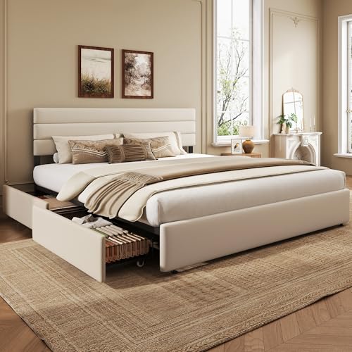 WLIVE King Size Upholstered Bed Frame with Storage