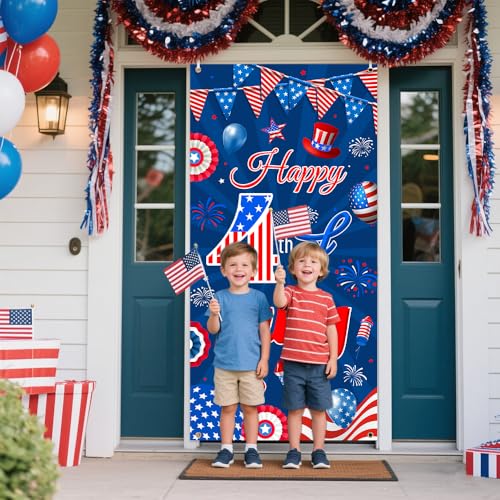 Image of AIBIIN Happy 4th of July Door Cover Banner 4th of July USA Backdrop Memorial Patriotic Decorations for Independence Day Party Supplies Patriotic Theme Backdrop Poster for Indoor Outdoor Decor