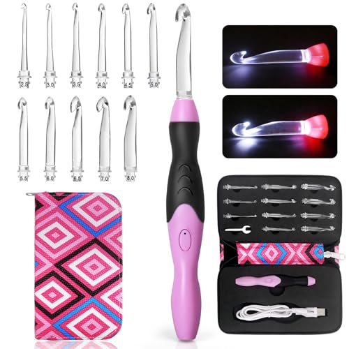 Light Up Crochet Hooks Set 11 Sizes 2.5 to 8.0mm Interchangeable Lighted Crochet Hook with Ergonomic Handle for Beginners Rechargeable Plastic Crochet Needle Kit with Case for Crocheters