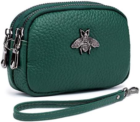 imeetu Women Leather Coin Purse, Small 2 Zippered Change Pouch Wallet(Green, Wrist Strap)