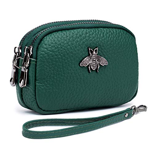 Imeetu Women Leather Coin Purse, Small 2 Zippered Change Pouch Wallet(Green, Wrist Strap) #TOP14