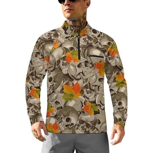 Skulls and Autumnal Maple Leaves Men's Rash Guard Long Sleeves Quick Dry Fishing Workout Shirts with Zipper