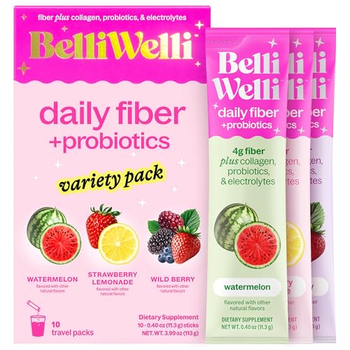Belli Welli Daily Fiber Supplement Packets with Collagen, Probiotics & Electrolytes | Single Serve Packets for Gut Health, Digestion & Debloating | Variety | 10 Count