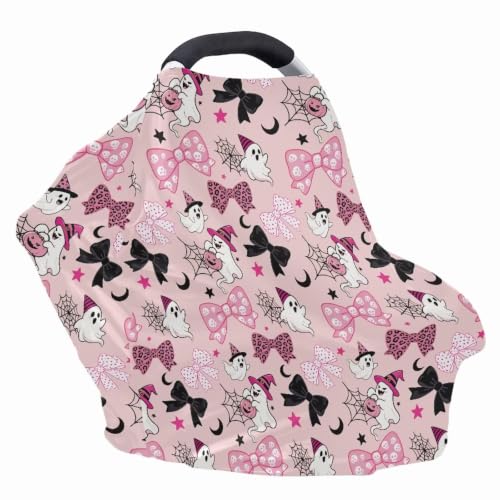 Image of Wanyint Stretchy Nursing Scarf Car Seat Canopy Baby Car Seat Cover, Baby Breastfeeding Stroller High Chair Shopping Cart Cover for Infant Halloween Decor, Cute Ghost Bow Moon Star Pink