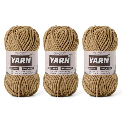 Image of Fluffy Chenille Yarn for Crocheting - Baby Yarn for Crocheting Soft Blanket - 3 Pack of 100g /(87.4yds) Crochet Amigurumi Chunky Yarns - Super Bulky 5 Velvet Yarns (3 Light Coffee)