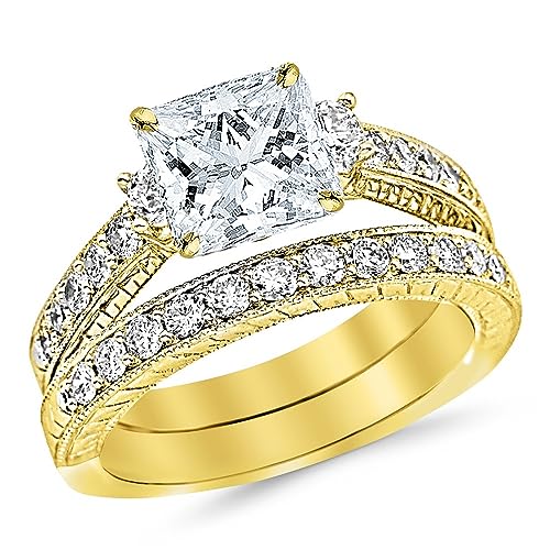 1.83 CTW Three Stone Vintage With Milgrain & Filigree Bridal Set with Wedding Band & Diamond Engagement Ring w/ 0.8 Ct Princess Cut G Color VS2 Clarity Center