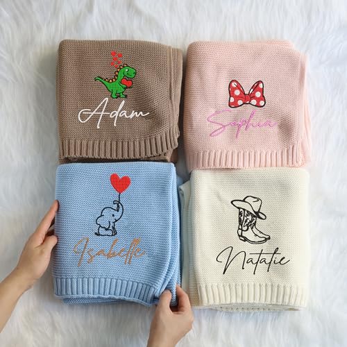 Image of LOVELYPOD Personalized Baby Girl Knit Blanket, Custom Embroidered with Name and Icon, 30x40in Nursery Blanket Gifts for Newborn Baby Girl, Newborn Holiday Shower Gift, Cotton Knit Stroller Design 04