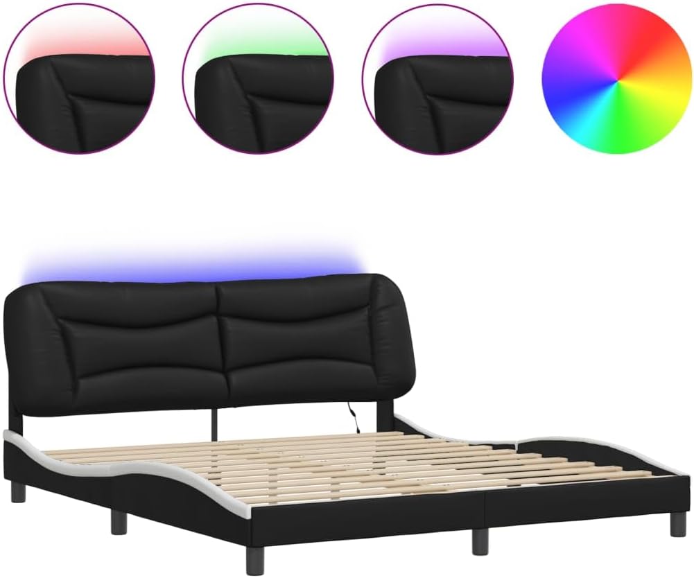 Bed Frame with LED Lights Black and White 72"x83.9" Durable Faux Leather Platform with Plywood Slats Sturdy Heavy-Duty Foundation No Box Spring Needed Modern Bedroom Furniture