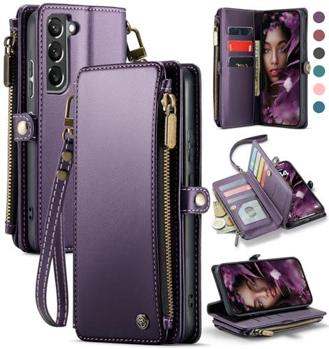 Defencase Compatible with Galaxy S21 FE 5G Case Wallet with RFID Blocking Card Holder for Women Men, PU Leather Magnetic Snap Flip Zipper Strap Phone Case Fit for Samsung Galaxy S21 FE 5G, Purple