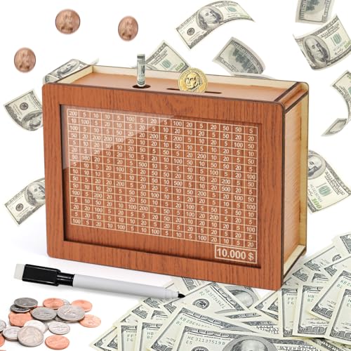 Money Saving Box 10k Cash Vault Savings Challenge Box for Kids Adults,10 000 Wooden Piggy Bank with Money Target & Numbers,Money Box for Cash Saving 10000 Dollar, Birthday Xmas Gifts for Boys Girls