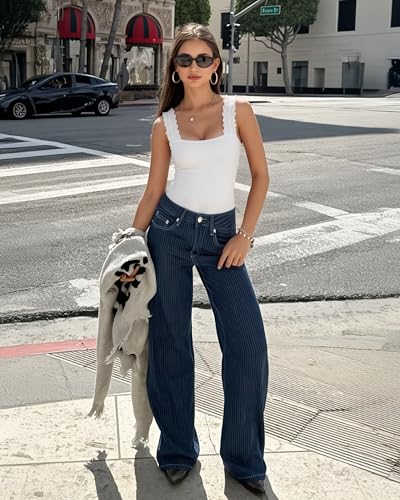 HERLOLLYCHIPS Sexy Tank Tops for Women Square Neck Ruffle Strap Ribbed Knit Tight Stretchy Sleeveless Shirts4