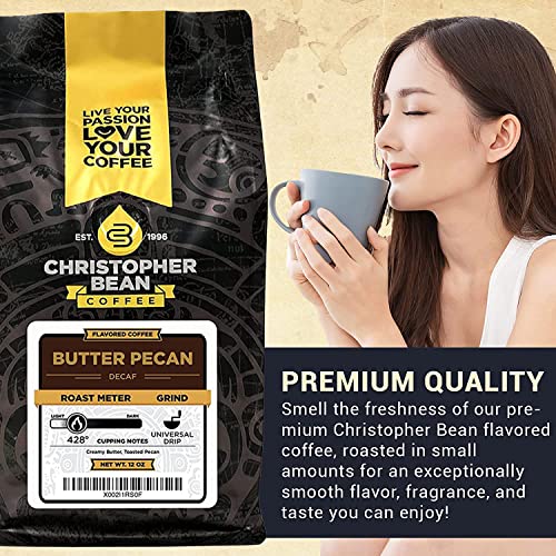 Christopher Bean Coffee Decaf Coffee Ground - Butter Pecan Flavored Coffee, Decaffeinated Coffee W/Non-Gmo Flavoring, Arabica Coffee Beans, Makes 30 Cups, Non-Dairy & Sugar-Free, 12 Oz #TOP1