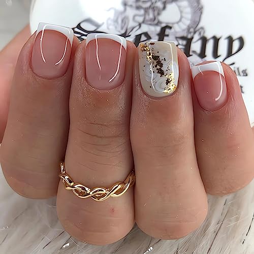 IMSOHOT Extra Short Press on Nails Square French Tip Fake Nails Nude Acrylic False Nails with Marble Designs Full Cover Artificial Cute Glue on Nails for Women 24Pcs