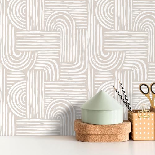 FunStick 17.5"x354" Mid Century Modern Wallpaper Peel and Stick Neutral Abstract Geometric Beige and White Wallpaper for Bedroom Walls Aesthetic Line Removable Self Adhesive Contact Paper for Cabinets FunStick 17.5"x354" Mid Century Modern Wallpaper Peel and Stick Neutral Abstract Geometric Beige and White Wallpaper for Bedroom Walls Aesthetic Line Removable Self Adhesive Contact Paper for Cabinets