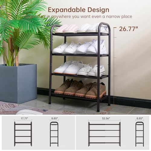 Image of Gonfoam Expandable 4-Tier Shoe Rack for Closet and Entryway, Bronze | Tool-Free Assembly, Metal Material, Adjustable Shoe Organizer, Sturdy, Small Space Solution, Dorms, Garages, Apartments.