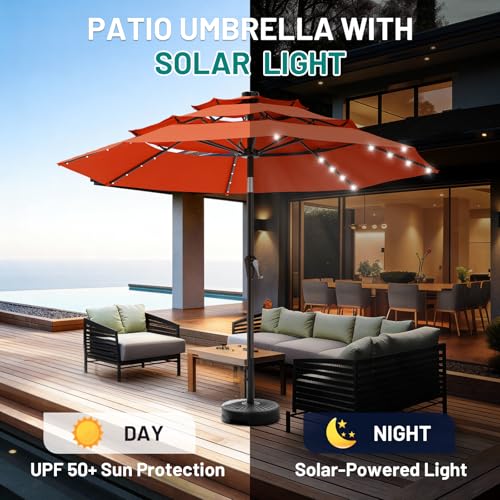 Image of AreShark 9ft 3 Tiers Patio Umbrella with Solar Lights, Outdoor Umbrella w / 32 LED Lights&8 Sturdy Ribs, Table Umbrella for Deck, Backyard, Pool (Orange)